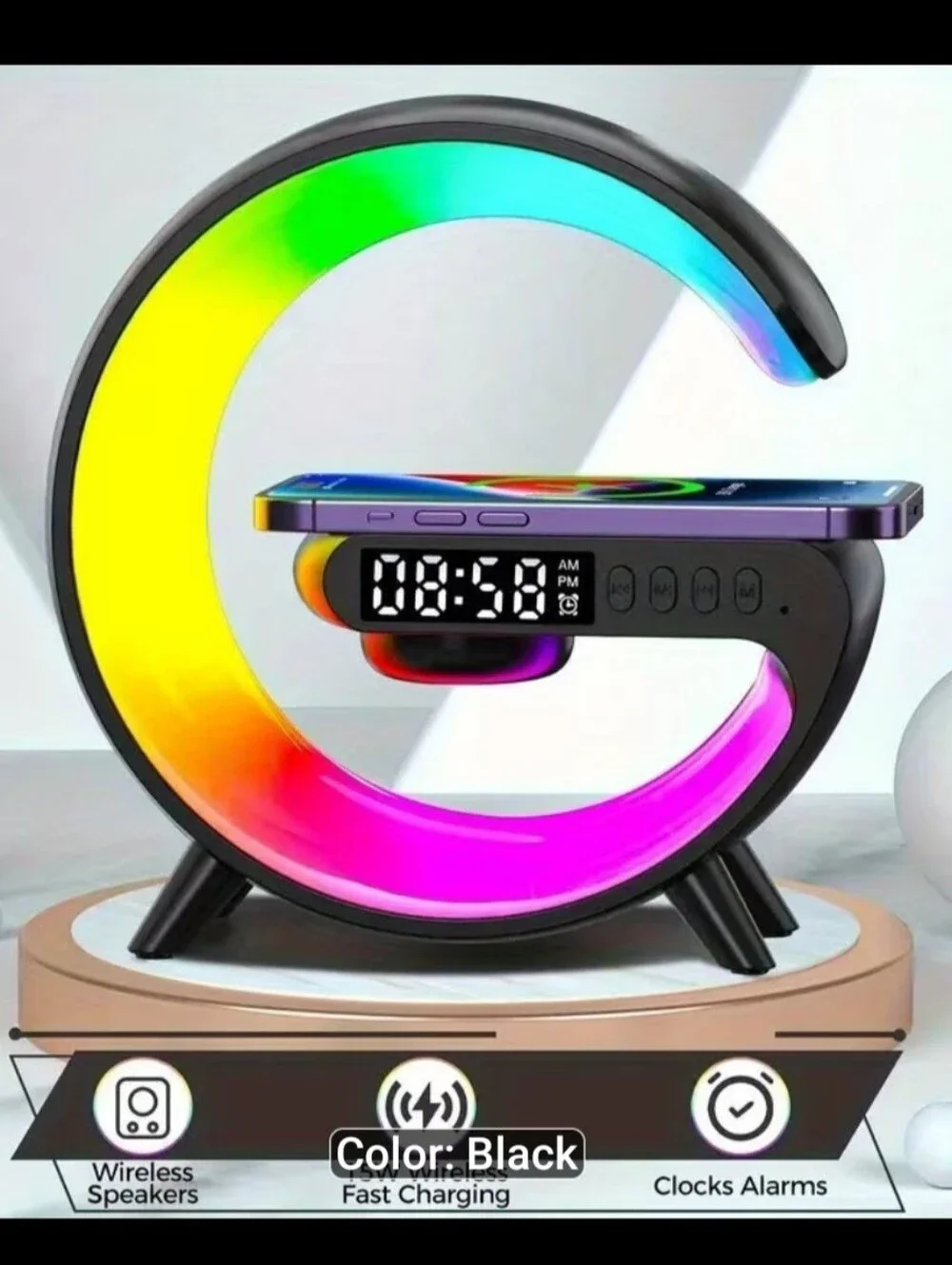 Black RGB Wireless Charging Alarm Clock with Bluetooth Speaker